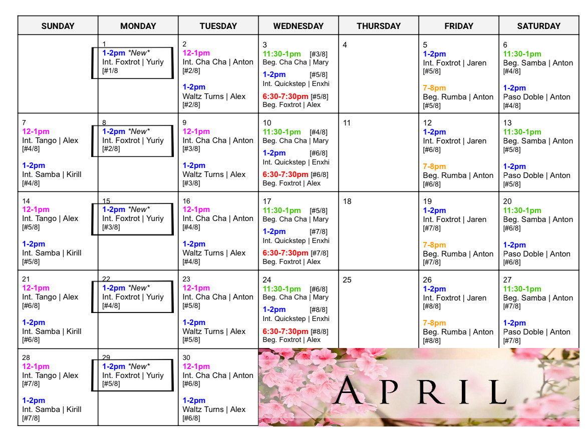 April Adult Dance Class Schedule