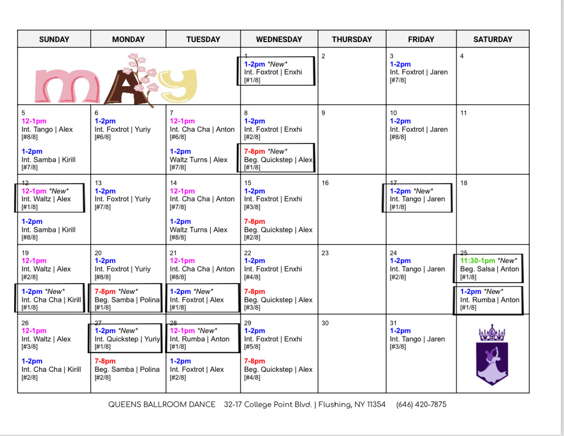 Adult Dance Class Schedule May
