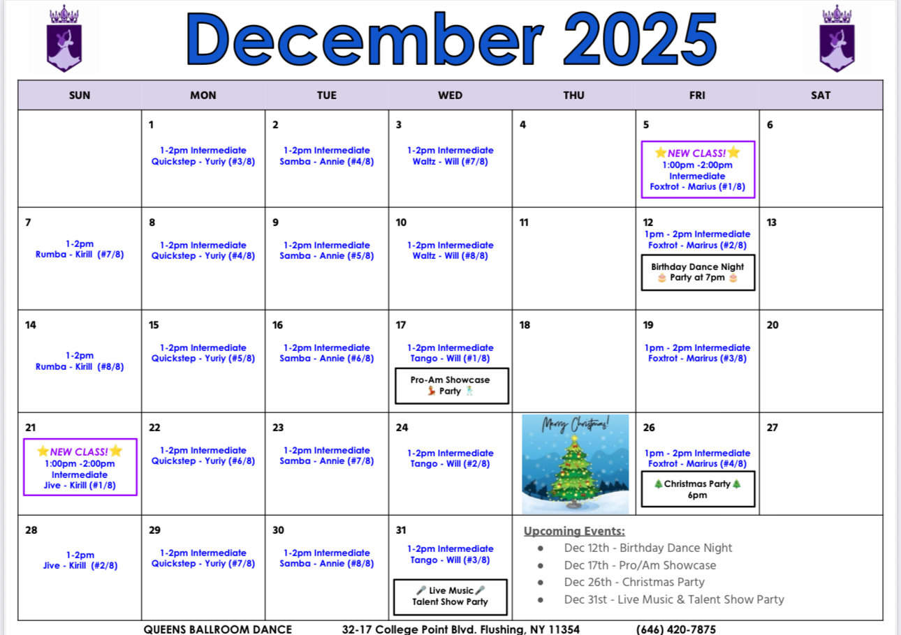 Adult dance classes December 2025 Schedule