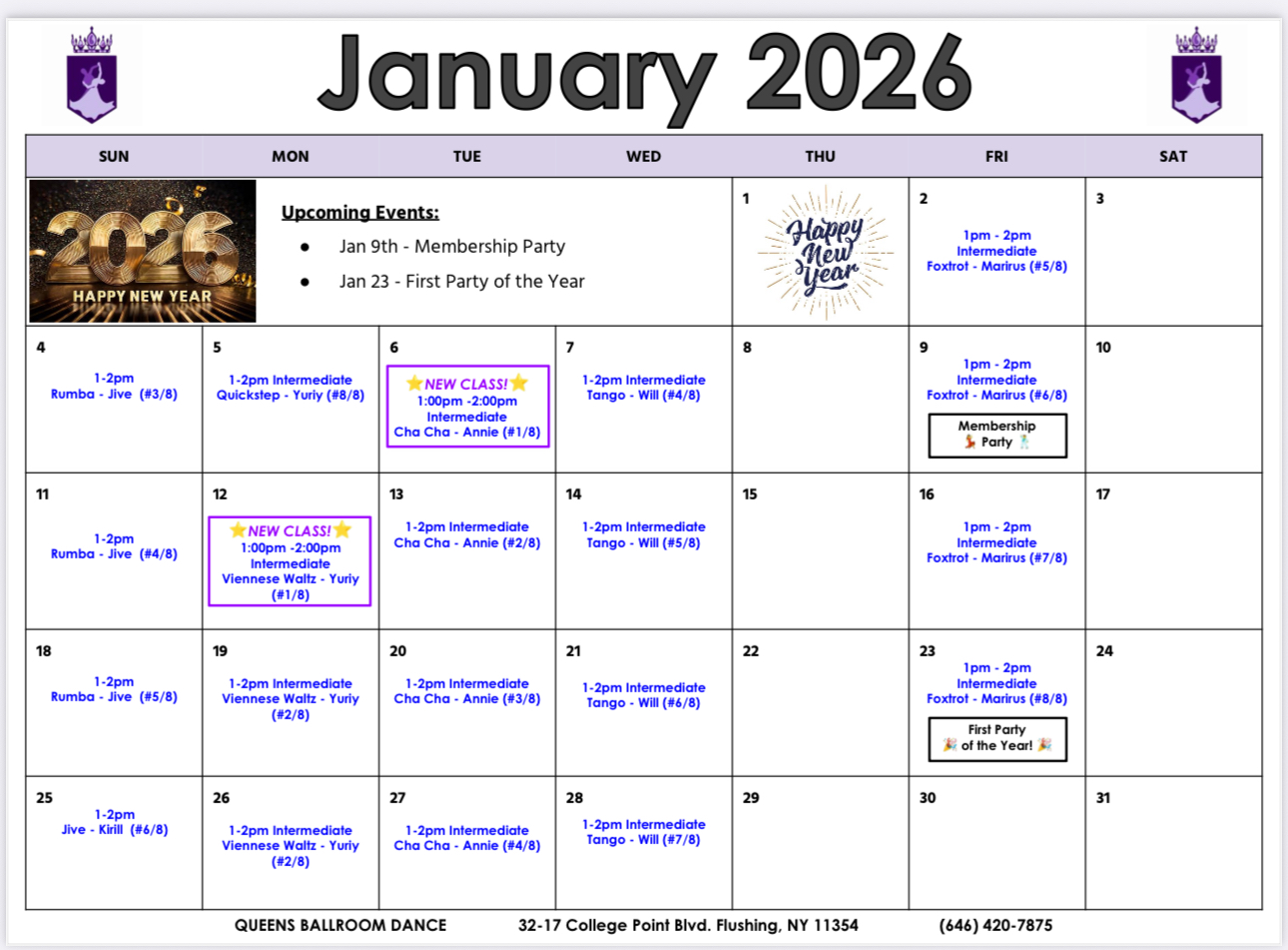 Adult dance classes January 2026 Schedule