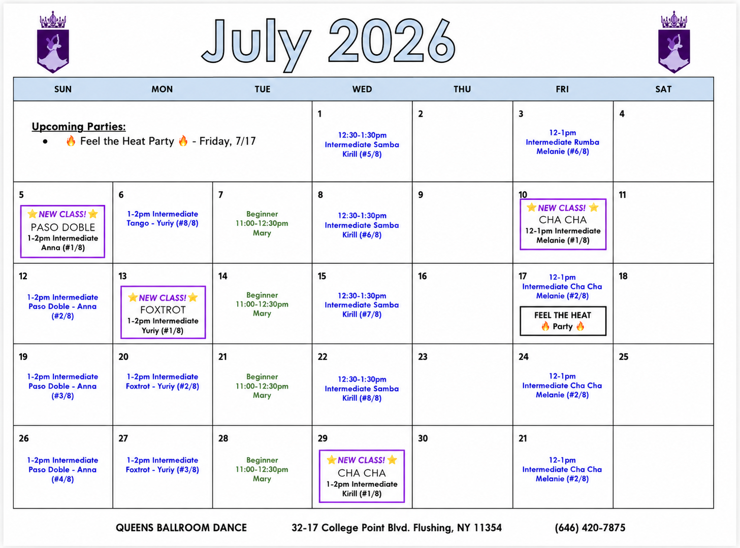 Adult dance classes July 2026 Schedule