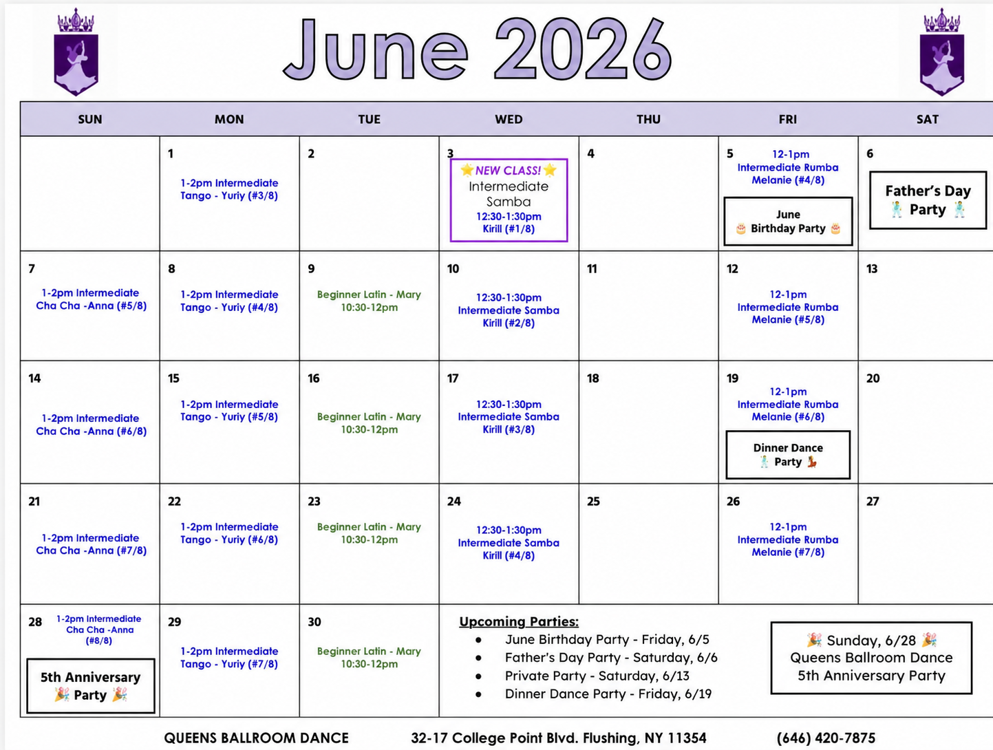 Adult dance classes June 2026 Schedule